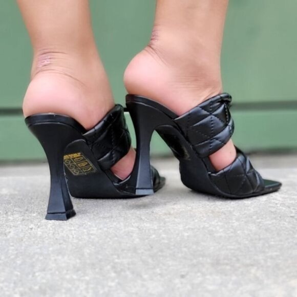 Black Double Strap Square Toe Heel Mule Sandals - Picture 4 of 5
